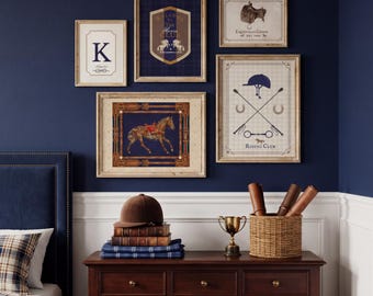Preppy Boy Room Art: Navy Blue Riding Club Decor & Equestrian Nursery Set of 5