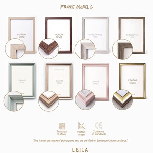 May include: A collection of eight rectangular picture frames in various finishes including light wood, dark wood, white oak, grey oak, blue, light brown, pink, and gold. Each frame includes a circular detail view of the corner and text labels.
