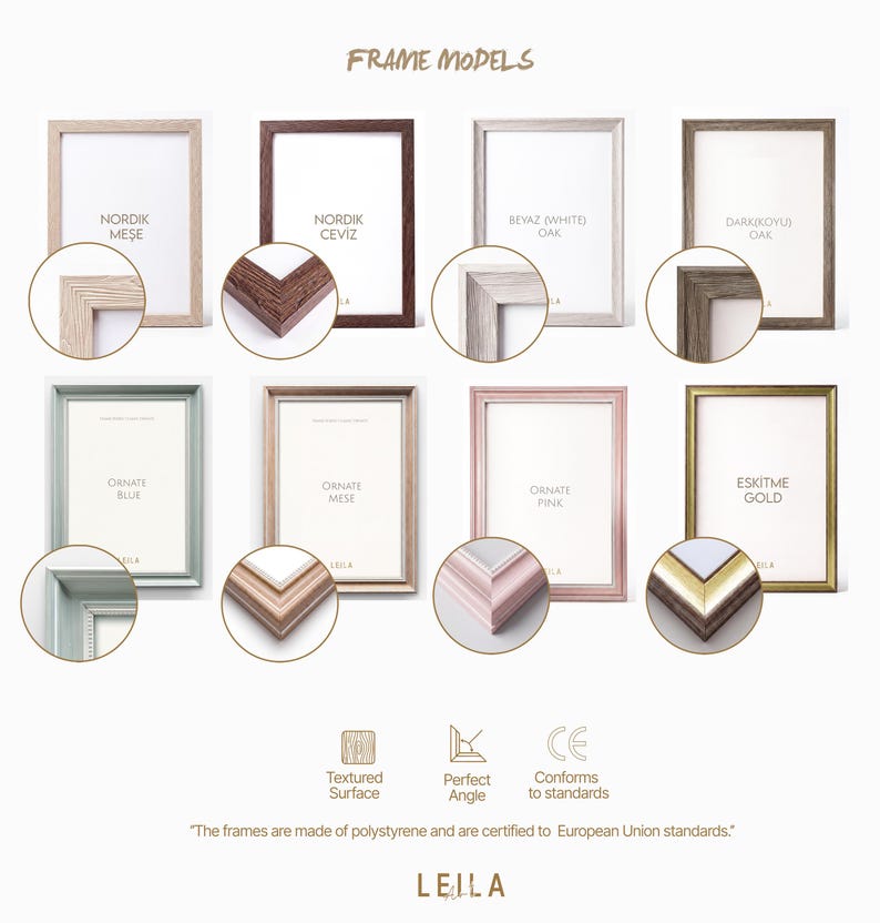 May include: A collection of eight rectangular picture frames in various finishes including light wood, dark wood, white oak, grey oak, blue, light brown, pink, and gold. Each frame includes a circular detail view of the corner and text labels.