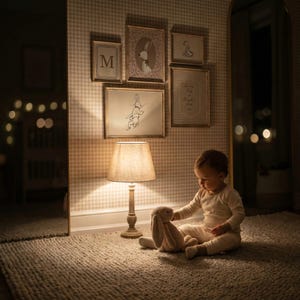 May include: A child in cream-colored pajamas sits on a textured rug, holding a plush bunny. A wooden lamp with a beige shade casts a warm glow. Framed bunny illustrations and a letter 'M' hang on the checkered wall, creating a cozy nursery theme.