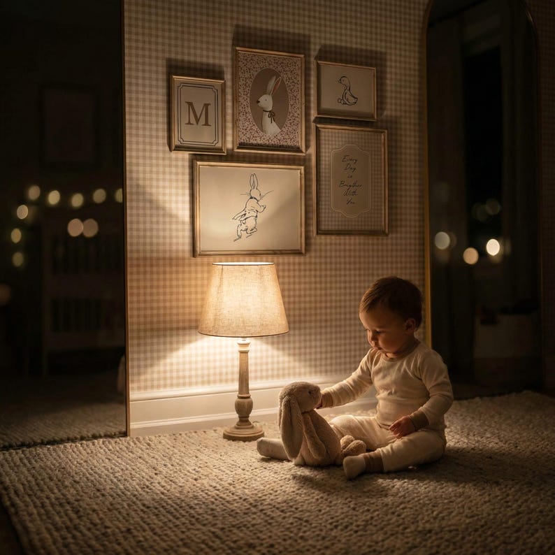May include: A child in cream-colored pajamas sits on a textured rug, holding a plush bunny. A wooden lamp with a beige shade casts a warm glow. Framed bunny illustrations and a letter 'M' hang on the checkered wall, creating a cozy nursery theme.
