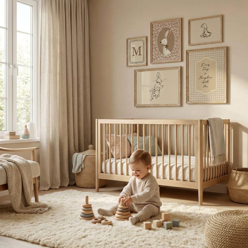 May include: A nursery scene with a light wood crib, framed art prints, and a plush rug. A baby is playing with wooden stacking rings and blocks. The room has neutral tones with beige curtains and a woven basket.