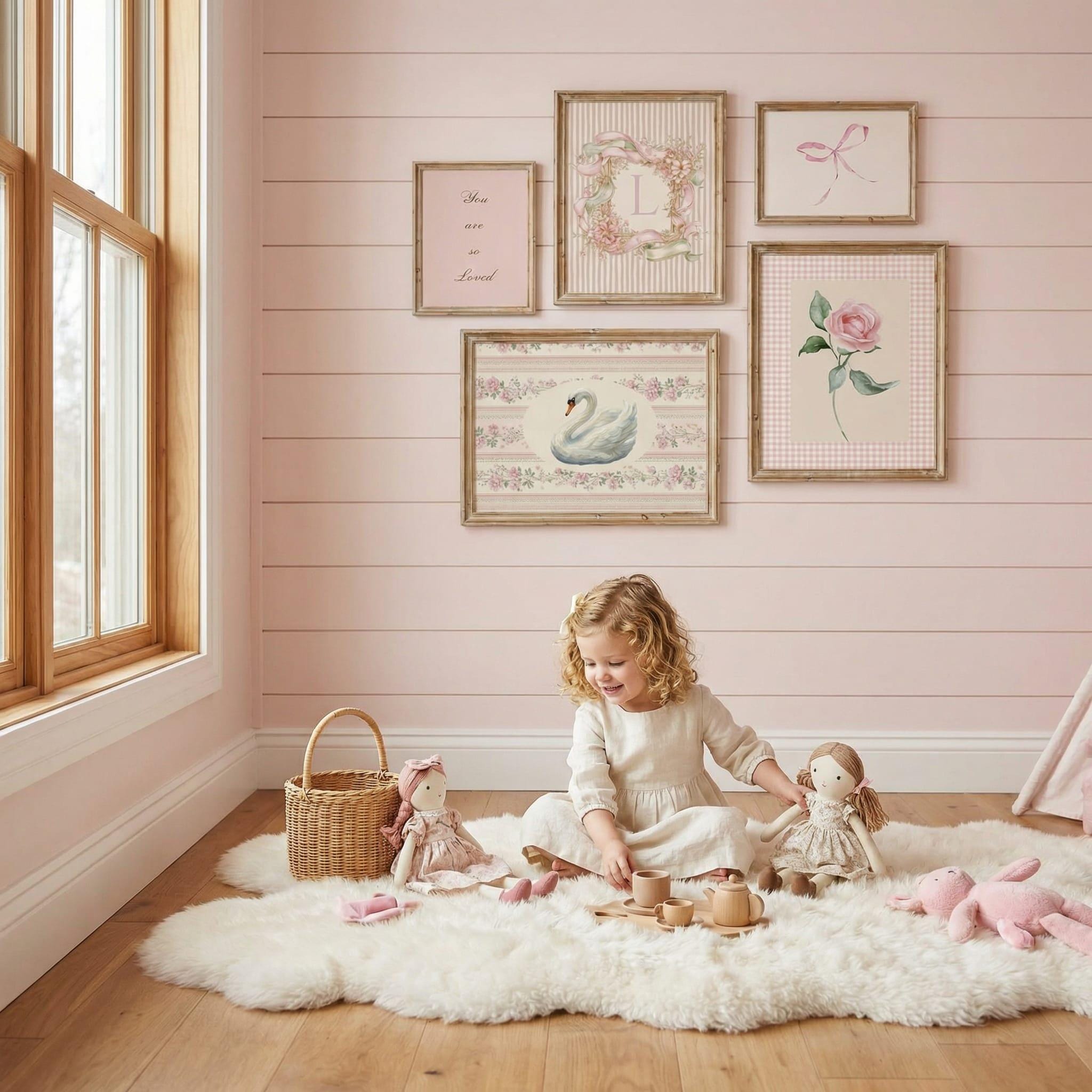 Personalized Vintage Swan Rose Nursery Art Set, Baby Girl Room Decor ...