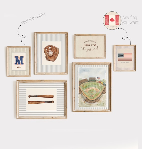 Framed Classic Sports Nursery Art, Vintage Baseball Stadium and American Flag Prints