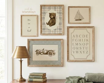 Set of 5 Neutral Nursery Art Prints: Vintage teddy Bear, Car and Alphabet