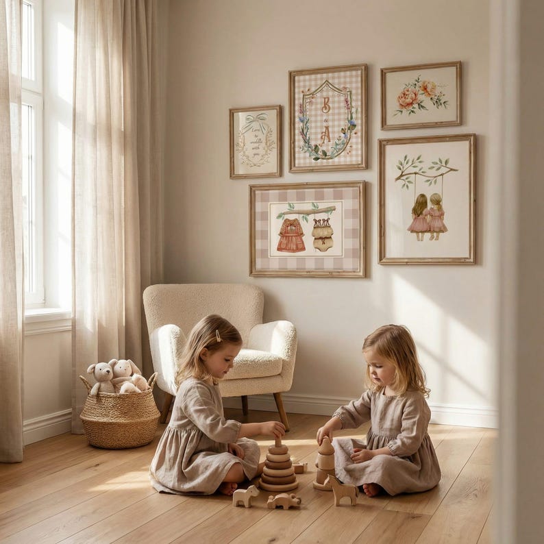 Vintage Sibling Sisters Prints Framed Shabby Chic Floral Nursery Wall ...