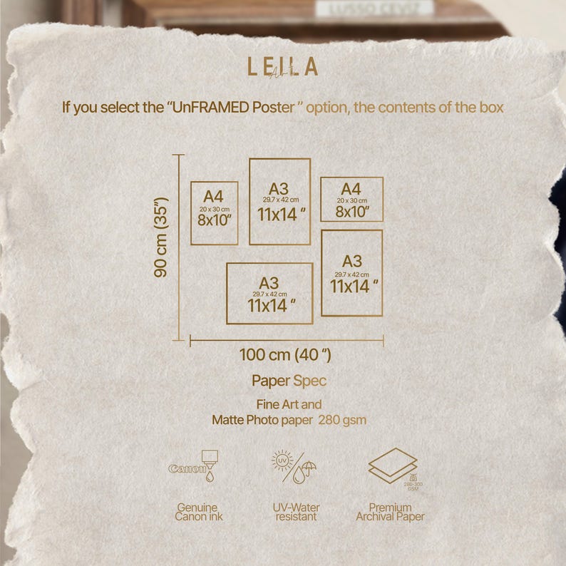 May include: A diagram showing the contents of an unframed poster box, with dimensions in inches and centimeters. The diagram includes A3 and A4 size options, paper specifications, and features like genuine Canon ink and UV-water resistance.