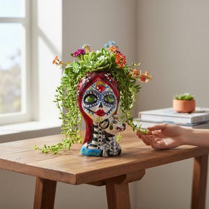 Talavera Lady Skull-planter | Kleurrijke Day of the Dead Pot met hond