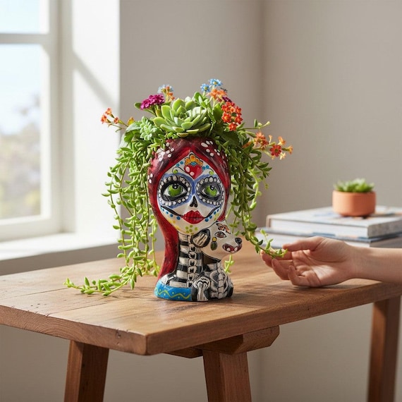 Talavera Lady Skull Planter | Colorful Day of the Dead Pot with Dog