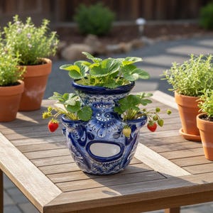 Blue & White Talavera Strawberry Planter | Mexican Ceramic Pot