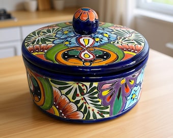 Calentador de tortillas de Talavera pintado a mano / Plato de cerámica mexicana