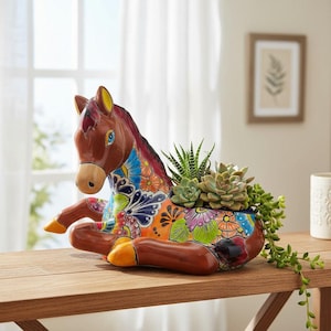 May include: A brown ceramic horse planter featuring a colorful hand-painted floral pattern in shades of blue, orange, pink, and green. The horse is in a reclining position with its legs tucked, and it holds a variety of green succulent plants.