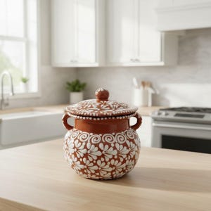 May include: A round terracotta pot with a matching lid and two side handles. The exterior features a hand-painted white floral pattern with swirling designs around the neck and a repeating petal motif covering the body of the vessel.