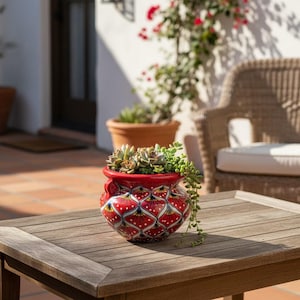 Vaso de flores Talavera pintado à mão | Vaso decorativo artesanal com pavão vermelho