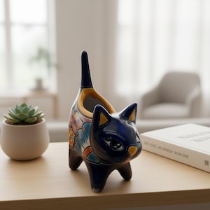 Colorful Talavera Cat Planter | Handcrafted Mexican Pottery
