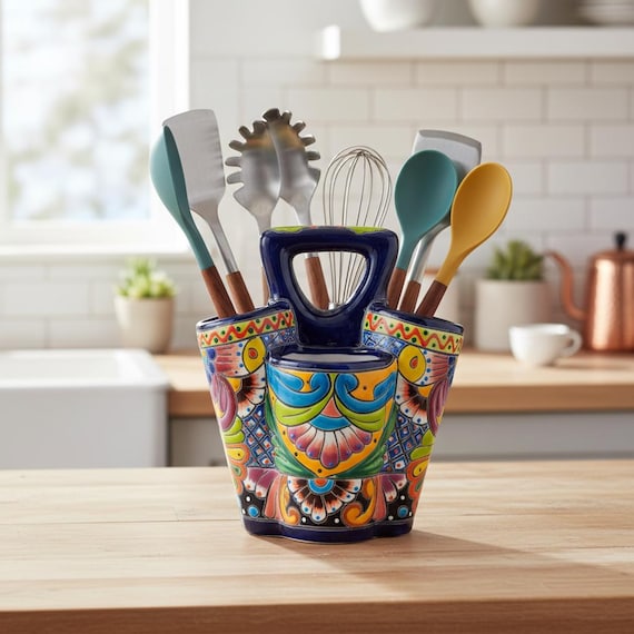 Hand-painted Talavera ceramic utensil holder brings bold Mexican folk-art color to a countertop that's used to being boring.