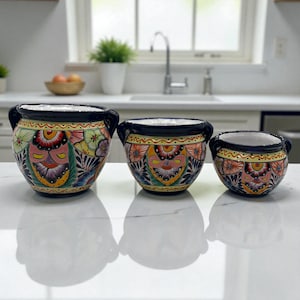 Cobalt Blue Rim Talavera Pot Trio | Hand-Painted Ceramic Planters
