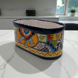 Maceta Talavera ovalada con borde azul / Arte cerámico mexicano
