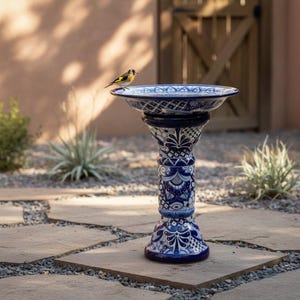 Blue & White Talavera Bird Bath | Mexican Garden Art