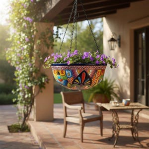 Blue Rim Talavera Hanging Pot | Hand-Painted Ceramic Planter