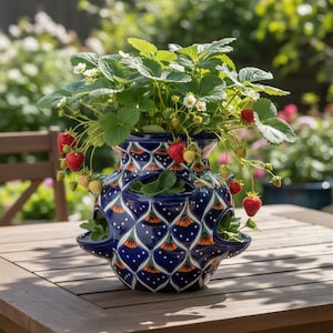 Talavera Strawberry Planter | Blue Peacock Motif