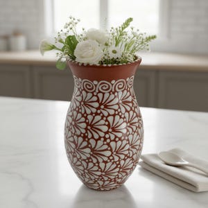 Brown & White Talavera Vase | Handcrafted Relief Pottery