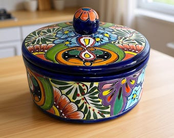 Calentador de tortillas de Talavera pintado a mano / Plato de cerámica mexicana