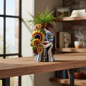 Sunflower Skull Talavera Übertopf | Handgefertigte Keramik Kanne
