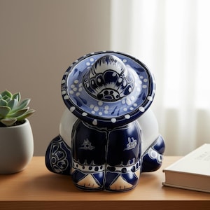 May include: A ceramic figurine of a person in a traditional Mexican outfit. The figure is primarily white with blue accents, including a sombrero and decorative details on the clothing. The figurine is on a wooden surface.