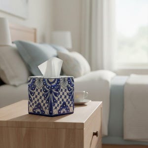 Caja de pañuelos de Talavera azul y blanca / Detalle mexicano artesanal
