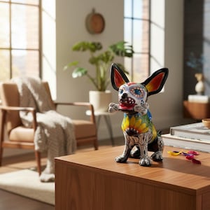 Chihuahua de Talavera segurando um osso | Estatueta de cachorro do Dia dos Mortos