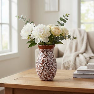 Brown & White Talavera Vase | Handcrafted Relief Pottery