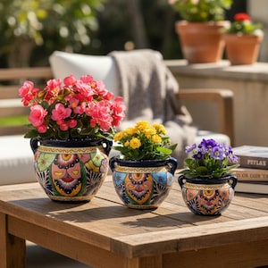 Cobalt Blue Rim Talavera Pot Trio | Hand-Painted Ceramic Planters