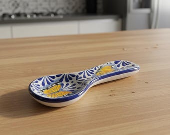 Talavera Spoon Rest | Blue & White Monarch Butterfly