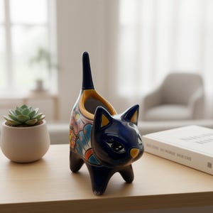 カラフルなタラベラ焼きの猫型プランター｜メキシコの手作り陶器