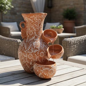 May include: A terracotta water fountain featuring a large central pitcher with a white floral pattern and three smaller attached bowls that cascade water downwards. The ceramic surface is decorated with intricate white painted swirls and petals.