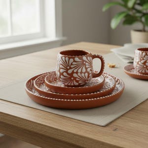 Juego de vajilla de Talavera / Marrón y blanco 4 piezas