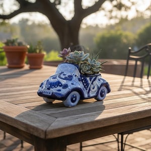 Talavera Car Planter | Blue & White Ceramic Pot