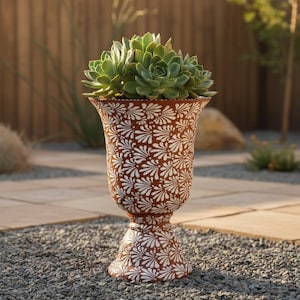 XL Brown & White Talavera Pedestal Planter | Handcrafted Flower Pot