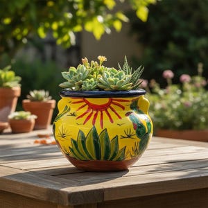 May include: A yellow ceramic planter with two handles, decorated with a hand-painted red sun, green agave plants, and cacti. The pot is filled with a variety of green succulents, including a spiky haworthia and several rosette-shaped plants.