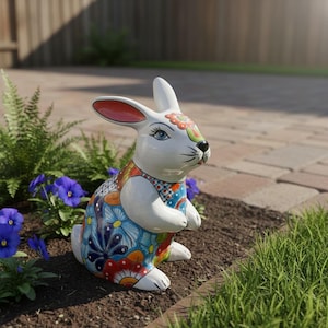 Estatua de conejo de Talavera / Decoración colorida de conejo mexicano pintado a mano