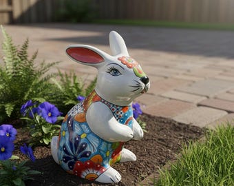 Estatua de conejo de Talavera / Decoración colorida de conejo mexicano pintado a mano