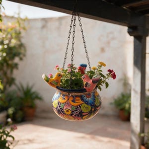 May include: A round ceramic hanging planter featuring vibrant, multi-colored floral patterns and two small bird-shaped figures attached to the rim. The planter is suspended by a thin black metal chain and contains green foliage and small flowers.