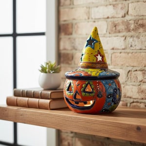 Talavera Jack-o'-Lantern | Ceramic Pumpkin with Witches Hat