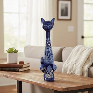 Tall Talavera Cat Statue | Handmade Blue & White Ceramic Figurine