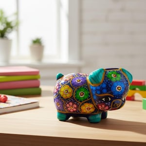 May include: A ceramic piggy bank featuring a dark blue base color with a hand-painted pattern of colorful flowers in shades of yellow, pink, green, and purple. The pig has a snout, pointed ears, and a small tail, with a coin slot on its back.