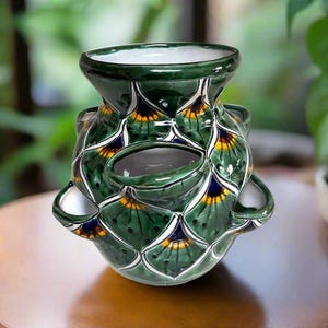 Jardinière à fraises Talavera | Motif paon vert