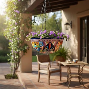 Blue Rim Talavera Hanging Pot | Hand-Painted Ceramic Planter