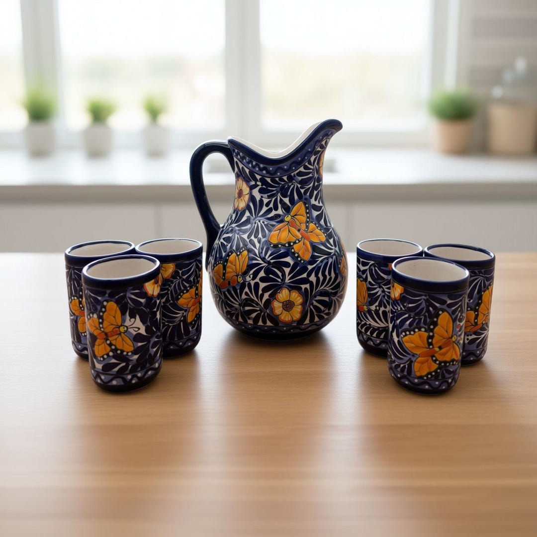 Blue Monarch Talavera Pitcher Set | Mexican Ceramic Drinkware - Etsy