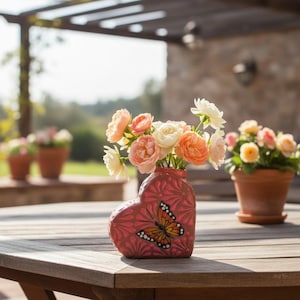 May include: A heart-shaped ceramic vase in a deep pink hue with a carved floral pattern and a painted monarch butterfly on the front. The vase is filled with a bouquet of light pink, peach, and white roses, standing on a wooden table surface.